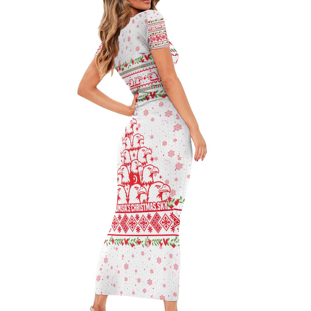 Tunisia Christmas Family Matching Short Sleeve Bodycon Dress and Hawaiian Shirt with Red Falcon Tree White Snowflake Pattern and Festive Borders - Wonder Print Shop