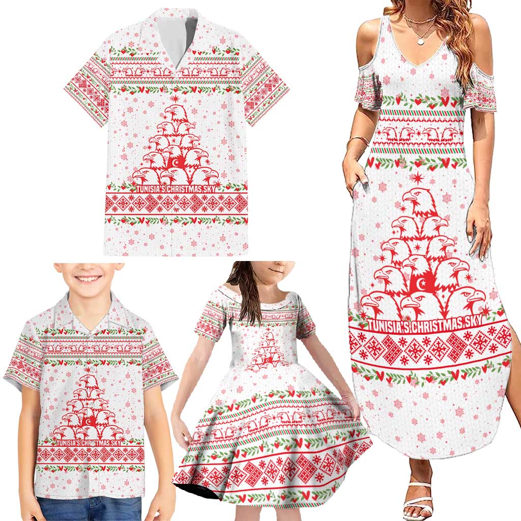 Tunisia Christmas Family Matching Summer Maxi Dress and Hawaiian Shirt with Red Falcon Tree White Snowflake Pattern and Festive Borders - Wonder Print Shop
