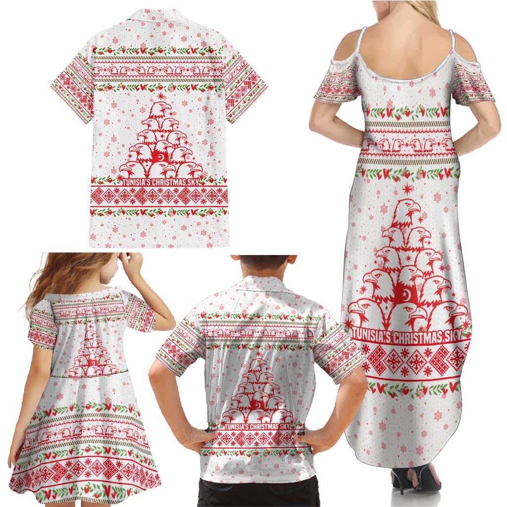 Tunisia Christmas Family Matching Summer Maxi Dress and Hawaiian Shirt with Red Falcon Tree White Snowflake Pattern and Festive Borders - Wonder Print Shop