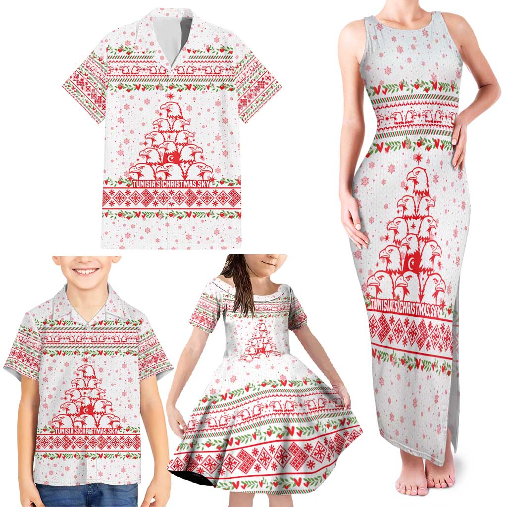 Tunisia Christmas Family Matching Tank Maxi Dress and Hawaiian Shirt with Red Falcon Tree White Snowflake Pattern and Festive Borders - Wonder Print Shop