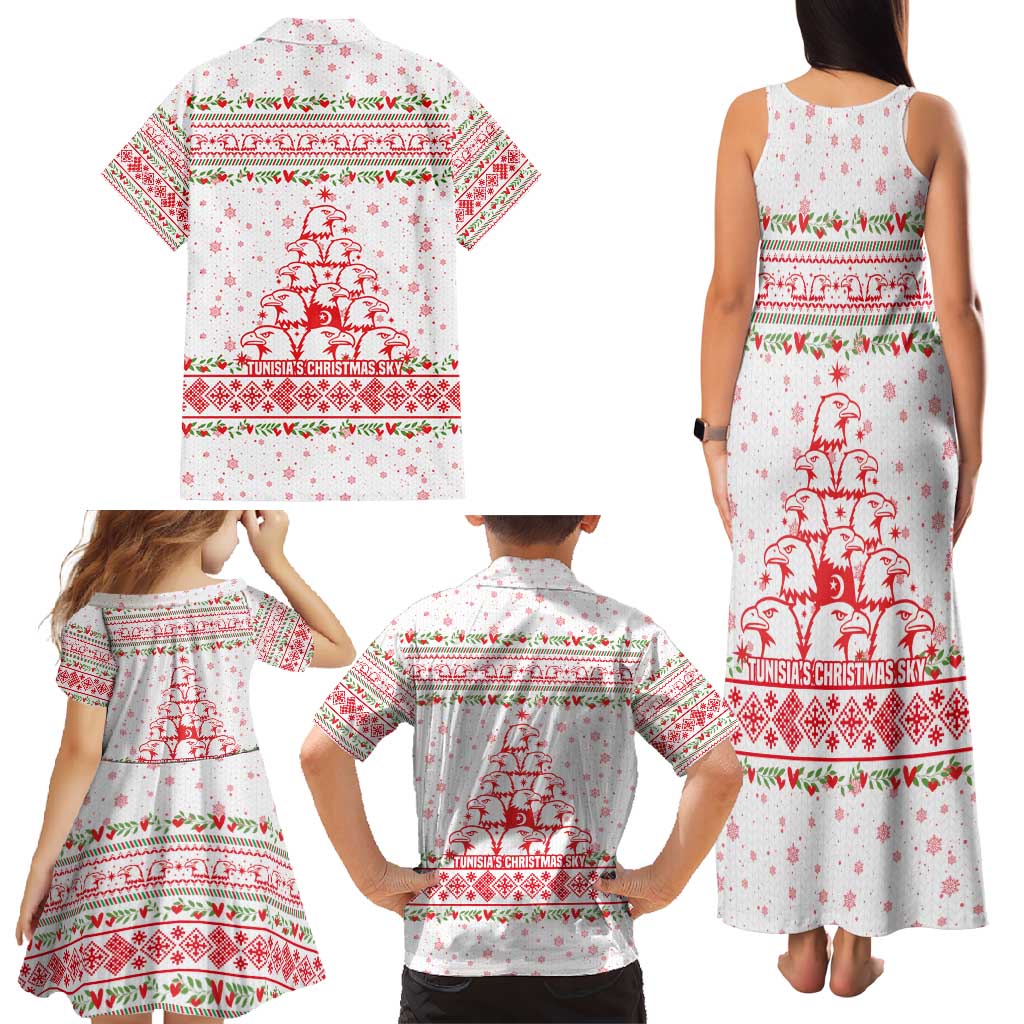 Tunisia Christmas Family Matching Tank Maxi Dress and Hawaiian Shirt with Red Falcon Tree White Snowflake Pattern and Festive Borders - Wonder Print Shop