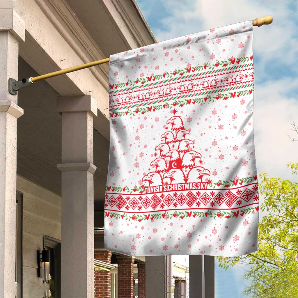 Tunisia Christmas Garden Flag with Red Falcon Tree White Snowflake Pattern and Festive Borders - Wonder Print Shop