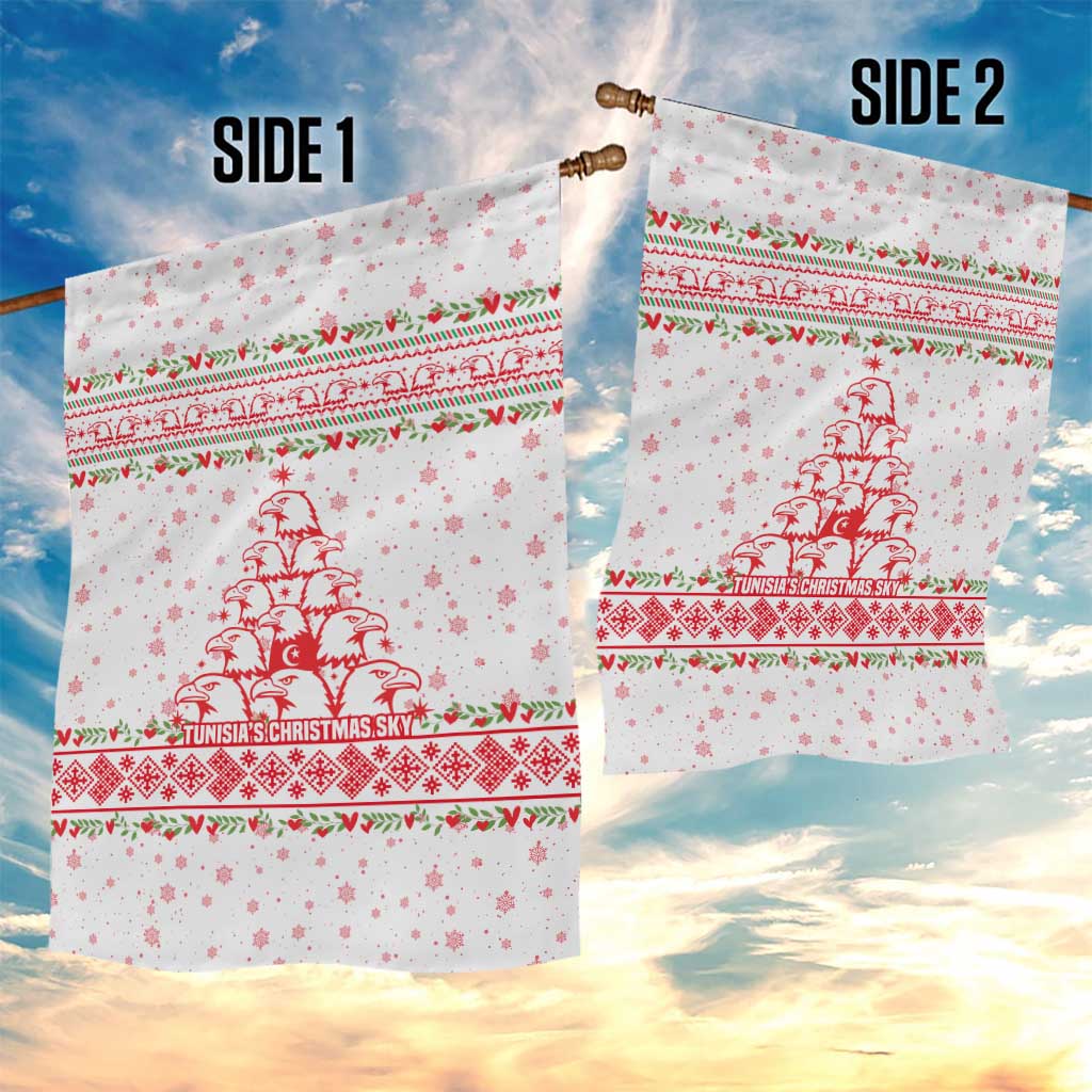 Tunisia Christmas Garden Flag with Red Falcon Tree White Snowflake Pattern and Festive Borders - Wonder Print Shop