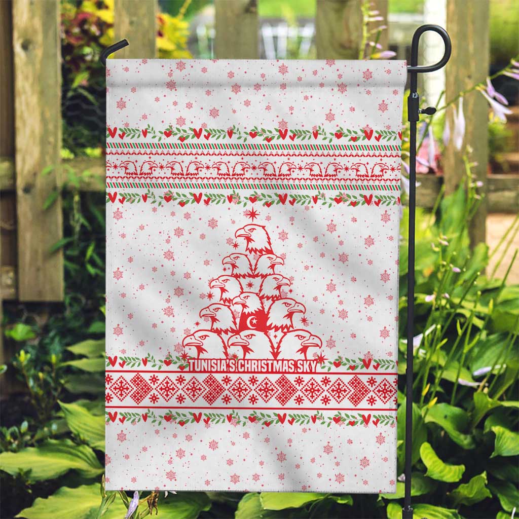 Tunisia Christmas Garden Flag with Red Falcon Tree White Snowflake Pattern and Festive Borders - Wonder Print Shop