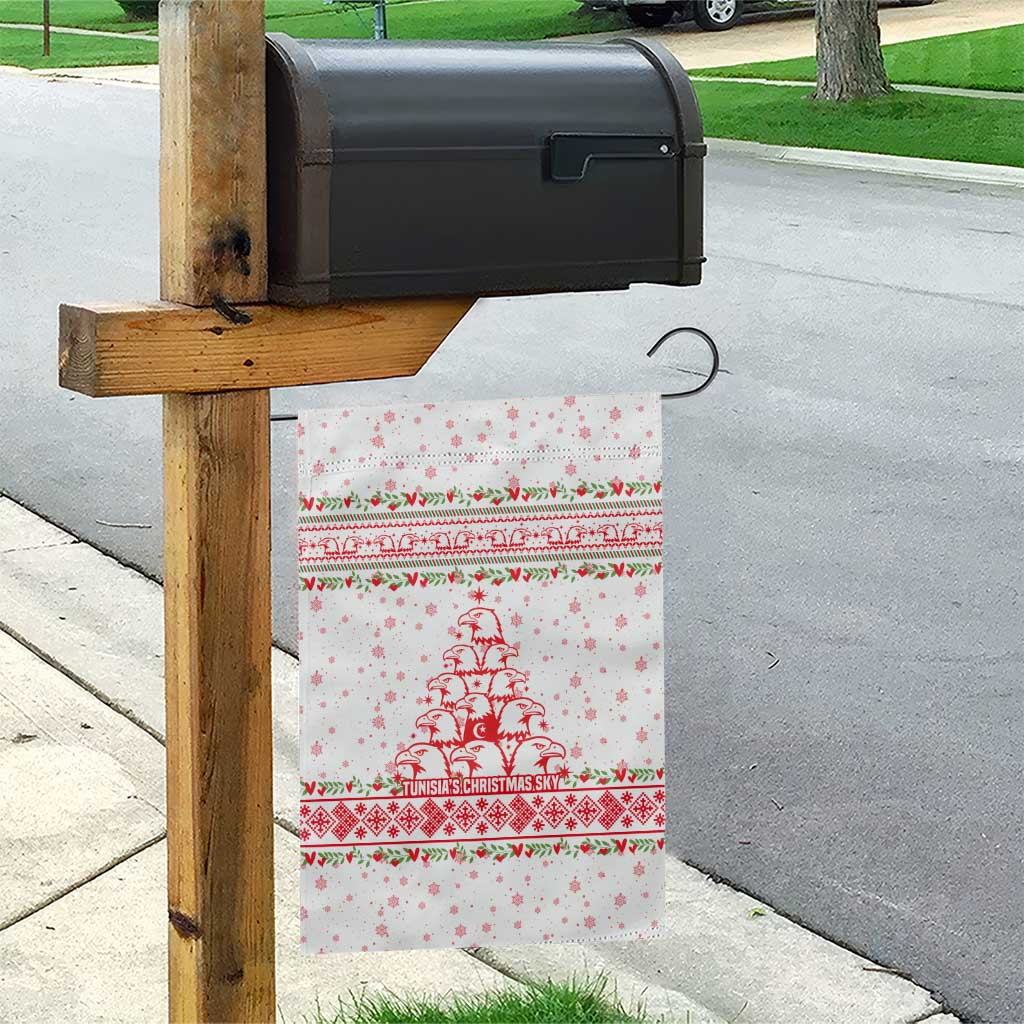 Tunisia Christmas Garden Flag with Red Falcon Tree White Snowflake Pattern and Festive Borders - Wonder Print Shop