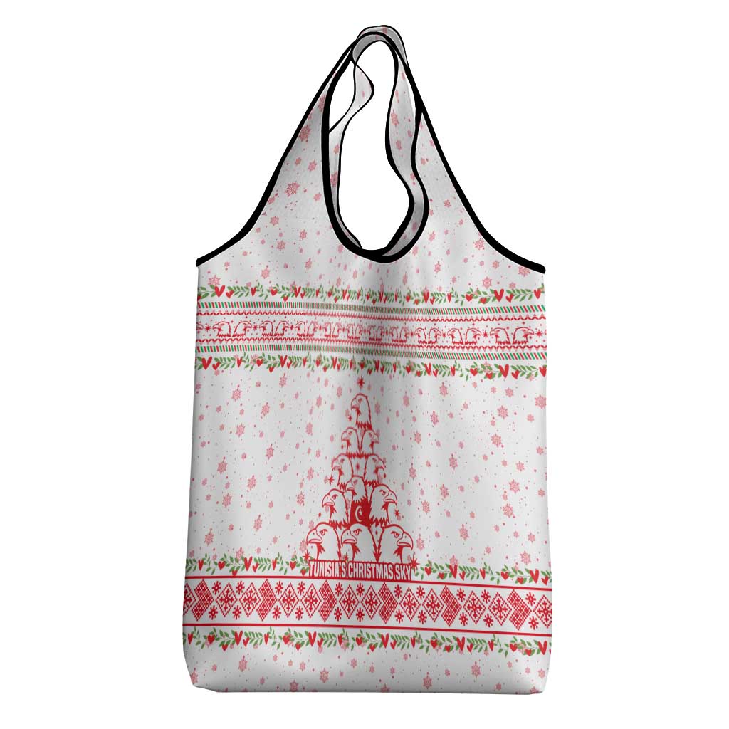 Tunisia Christmas Grocery Bag with Red Falcon Tree White Snowflake Pattern and Festive Borders - Wonder Print Shop