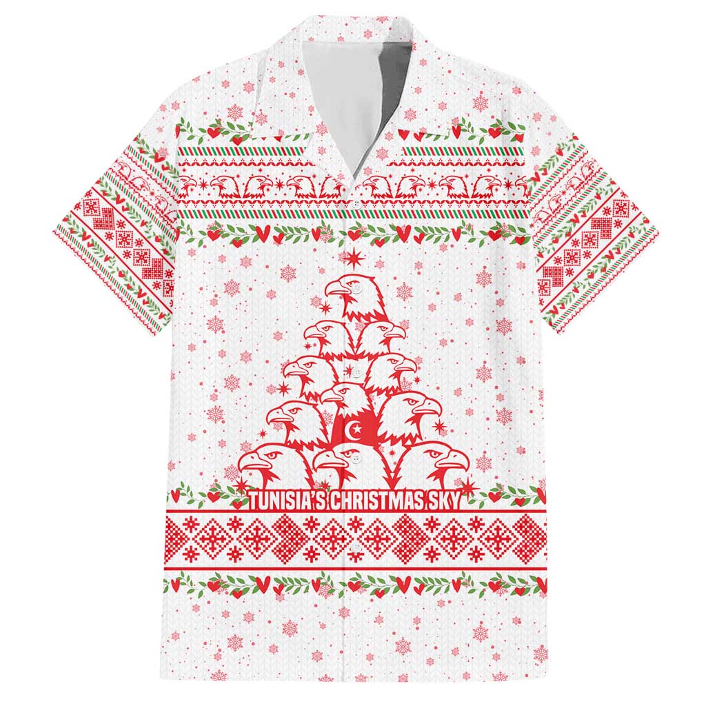 Tunisia Christmas Hawaiian Shirt with Red Falcon Tree White Snowflake Pattern and Festive Borders - Wonder Print Shop
