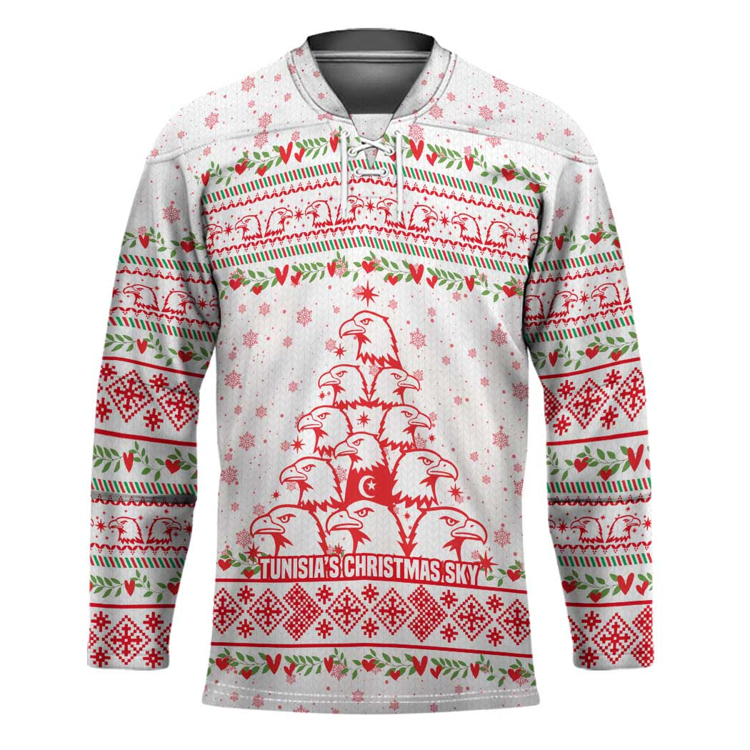 Tunisia Christmas Hockey Jersey with Red Falcon Tree White Snowflake Pattern and Festive Borders - Wonder Print Shop