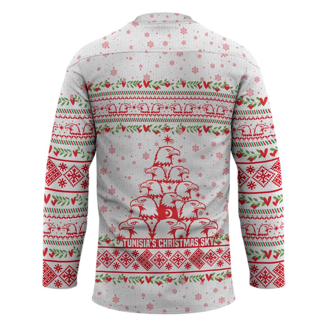 Tunisia Christmas Hockey Jersey with Red Falcon Tree White Snowflake Pattern and Festive Borders - Wonder Print Shop
