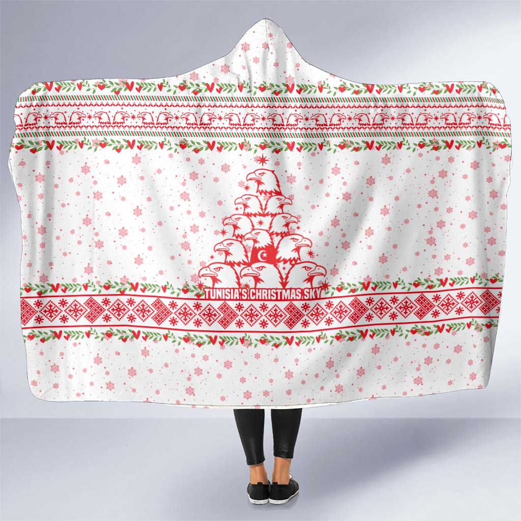 Tunisia Christmas Hooded Blanket with Red Falcon Tree White Snowflake Pattern and Festive Borders - Wonder Print Shop