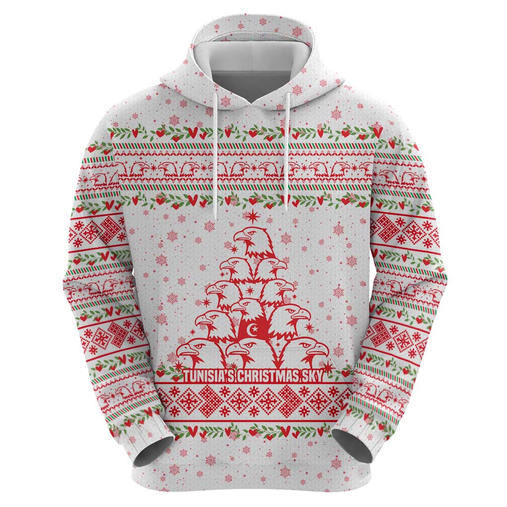 Tunisia Christmas Hoodie with Red Falcon Tree White Snowflake Pattern and Festive Borders - Wonder Print Shop