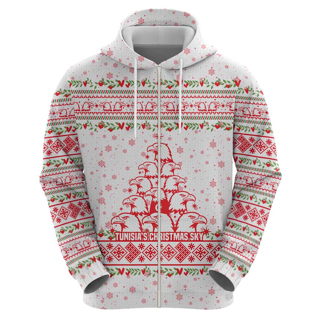 Tunisia Christmas Hoodie with Red Falcon Tree White Snowflake Pattern and Festive Borders - Wonder Print Shop