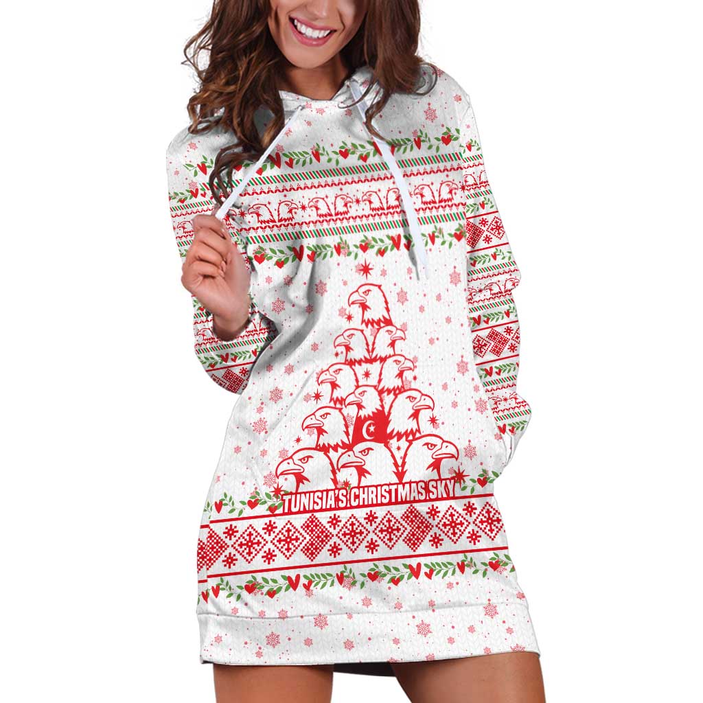 Tunisia Christmas Hoodie Dress with Red Falcon Tree White Snowflake Pattern and Festive Borders - Wonder Print Shop