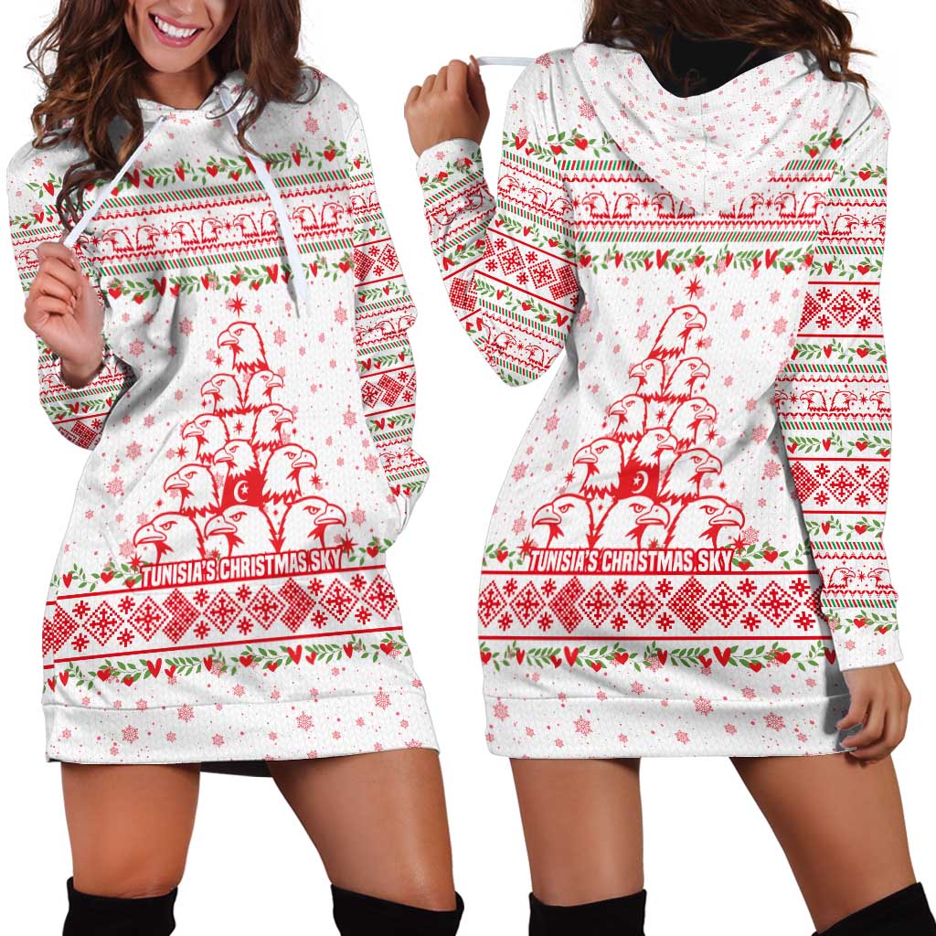 Tunisia Christmas Hoodie Dress with Red Falcon Tree White Snowflake Pattern and Festive Borders - Wonder Print Shop