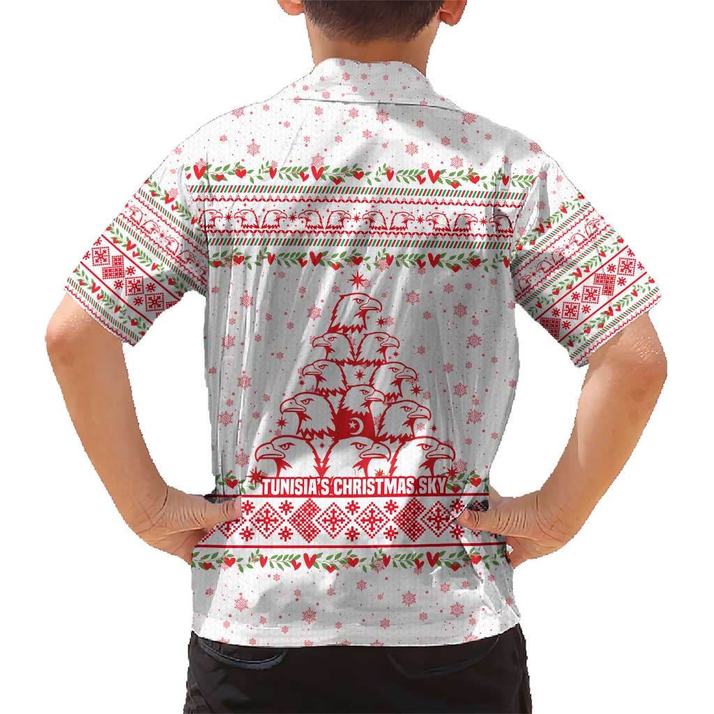 Tunisia Christmas Kid Hawaiian Shirt with Red Falcon Tree White Snowflake Pattern and Festive Borders - Wonder Print Shop