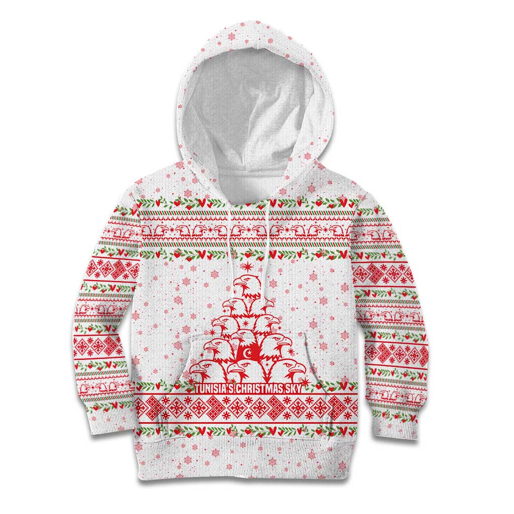 Tunisia Christmas Kid Hoodie with Red Falcon Tree White Snowflake Pattern and Festive Borders - Wonder Print Shop