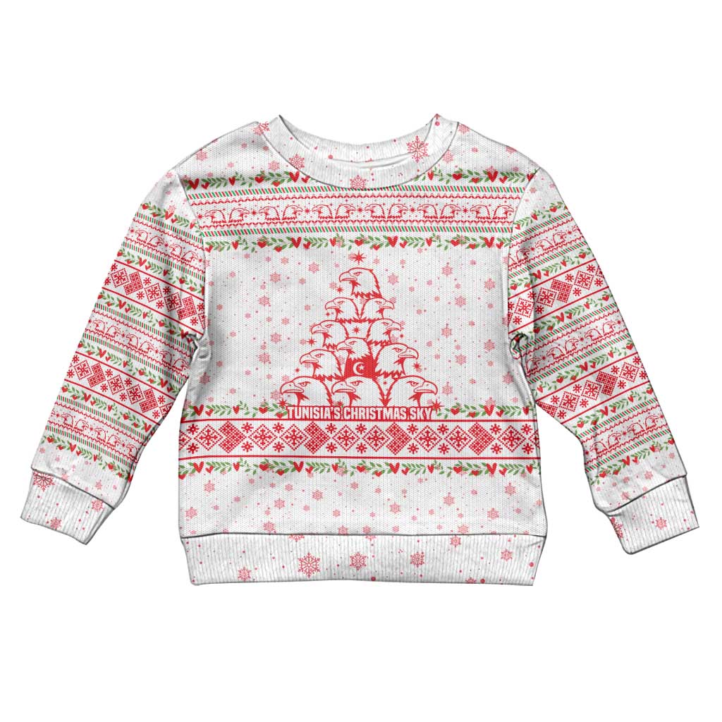 Tunisia Christmas Kid Ugly Christmas Sweater with Red Falcon Tree White Snowflake Pattern and Festive Borders - Wonder Print Shop