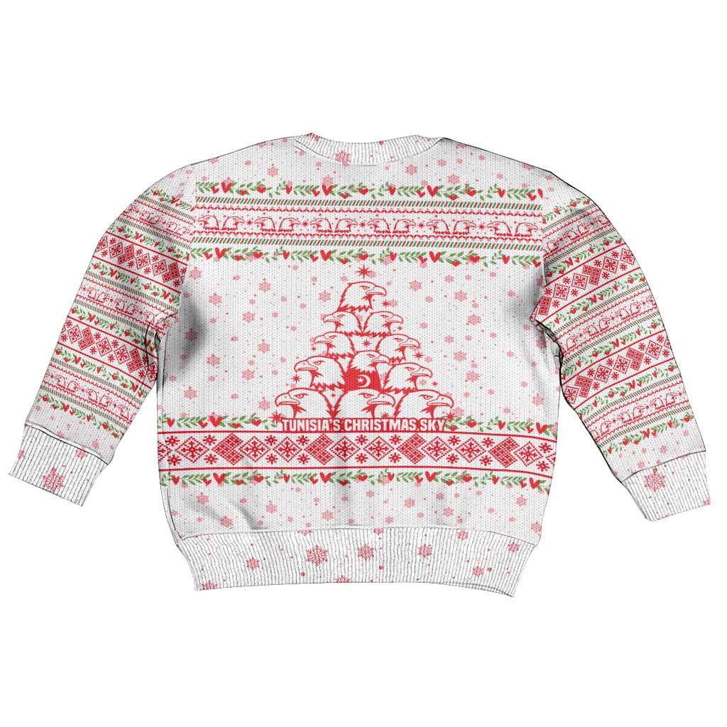 Tunisia Christmas Kid Ugly Christmas Sweater with Red Falcon Tree White Snowflake Pattern and Festive Borders - Wonder Print Shop