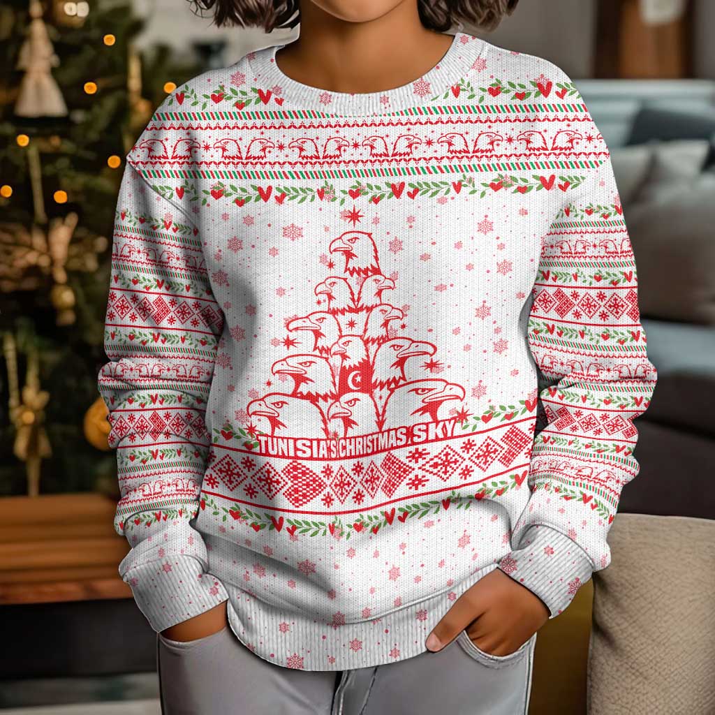 Tunisia Christmas Kid Ugly Christmas Sweater with Red Falcon Tree White Snowflake Pattern and Festive Borders - Wonder Print Shop