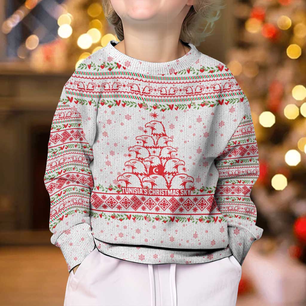 Tunisia Christmas Kid Ugly Christmas Sweater with Red Falcon Tree White Snowflake Pattern and Festive Borders - Wonder Print Shop