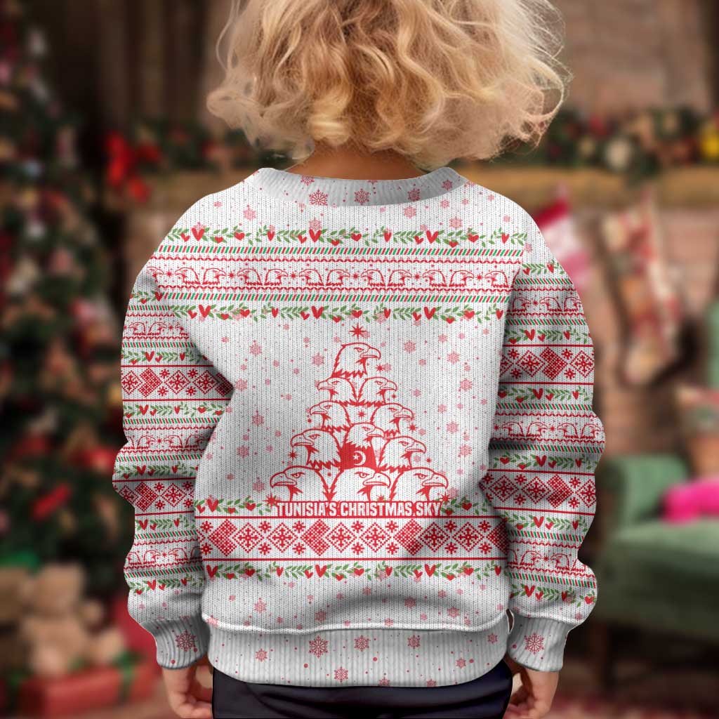 Tunisia Christmas Kid Ugly Christmas Sweater with Red Falcon Tree White Snowflake Pattern and Festive Borders - Wonder Print Shop