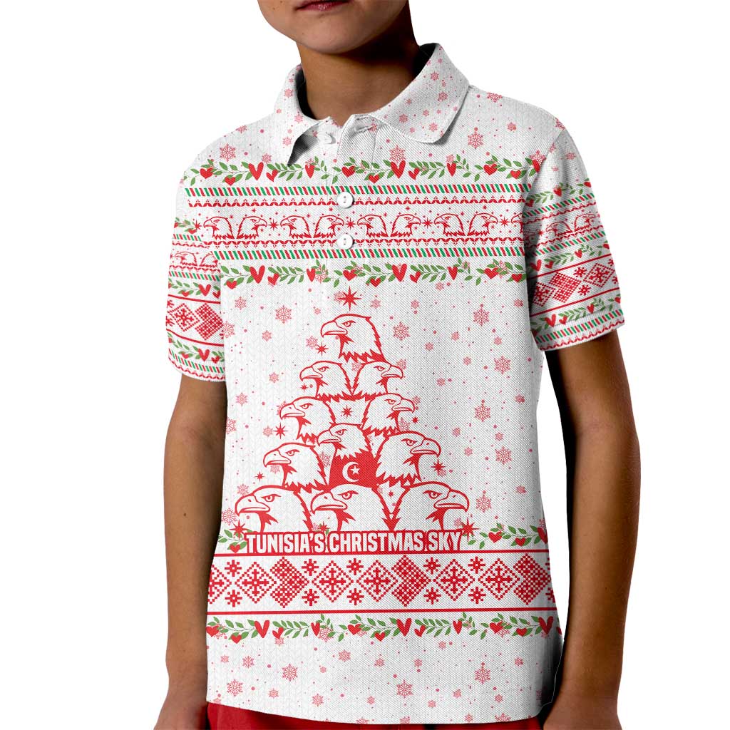 Tunisia Christmas Kid Polo Shirt with Red Falcon Tree White Snowflake Pattern and Festive Borders - Wonder Print Shop