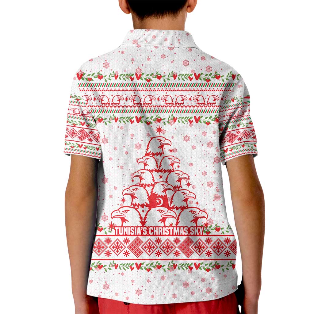 Tunisia Christmas Kid Polo Shirt with Red Falcon Tree White Snowflake Pattern and Festive Borders - Wonder Print Shop
