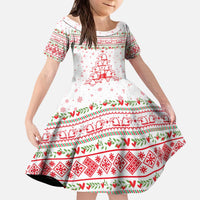 Tunisia Christmas Kid Short Sleeve Dress with Red Falcon Tree White Snowflake Pattern and Festive Borders - Wonder Print Shop