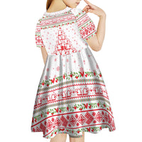 Tunisia Christmas Kid Short Sleeve Dress with Red Falcon Tree White Snowflake Pattern and Festive Borders - Wonder Print Shop