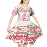 Tunisia Christmas Kid Short Sleeve Dress with Red Falcon Tree White Snowflake Pattern and Festive Borders - Wonder Print Shop