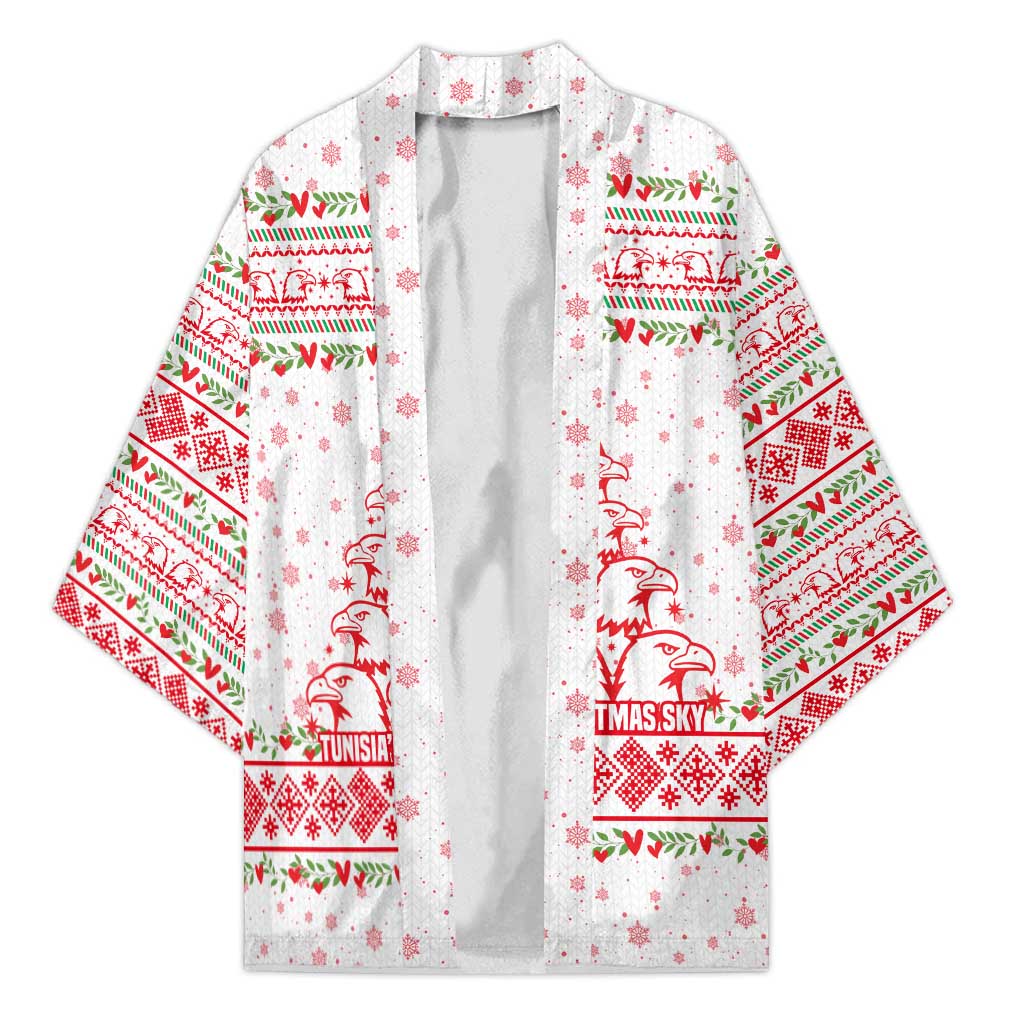 Tunisia Christmas Kimono with Red Falcon Tree White Snowflake Pattern and Festive Borders - Wonder Print Shop