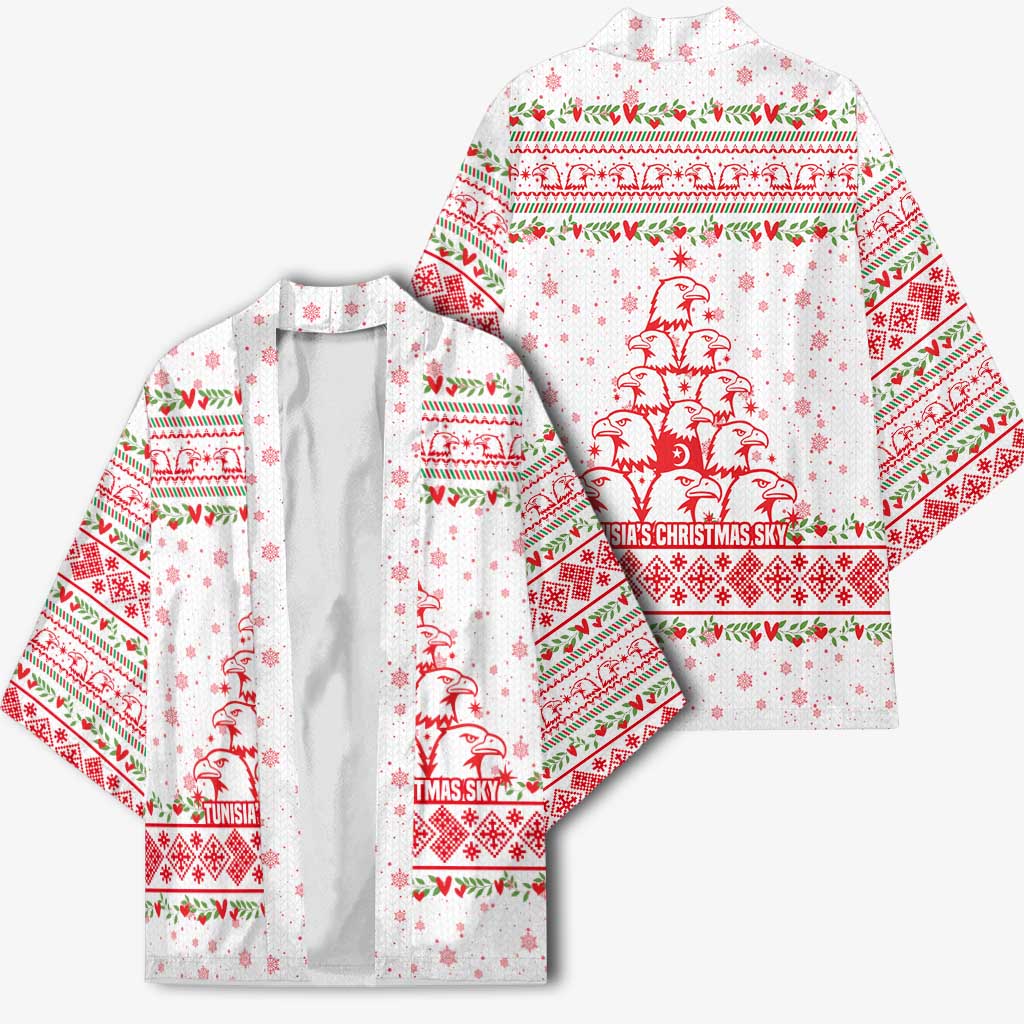 Tunisia Christmas Kimono with Red Falcon Tree White Snowflake Pattern and Festive Borders - Wonder Print Shop