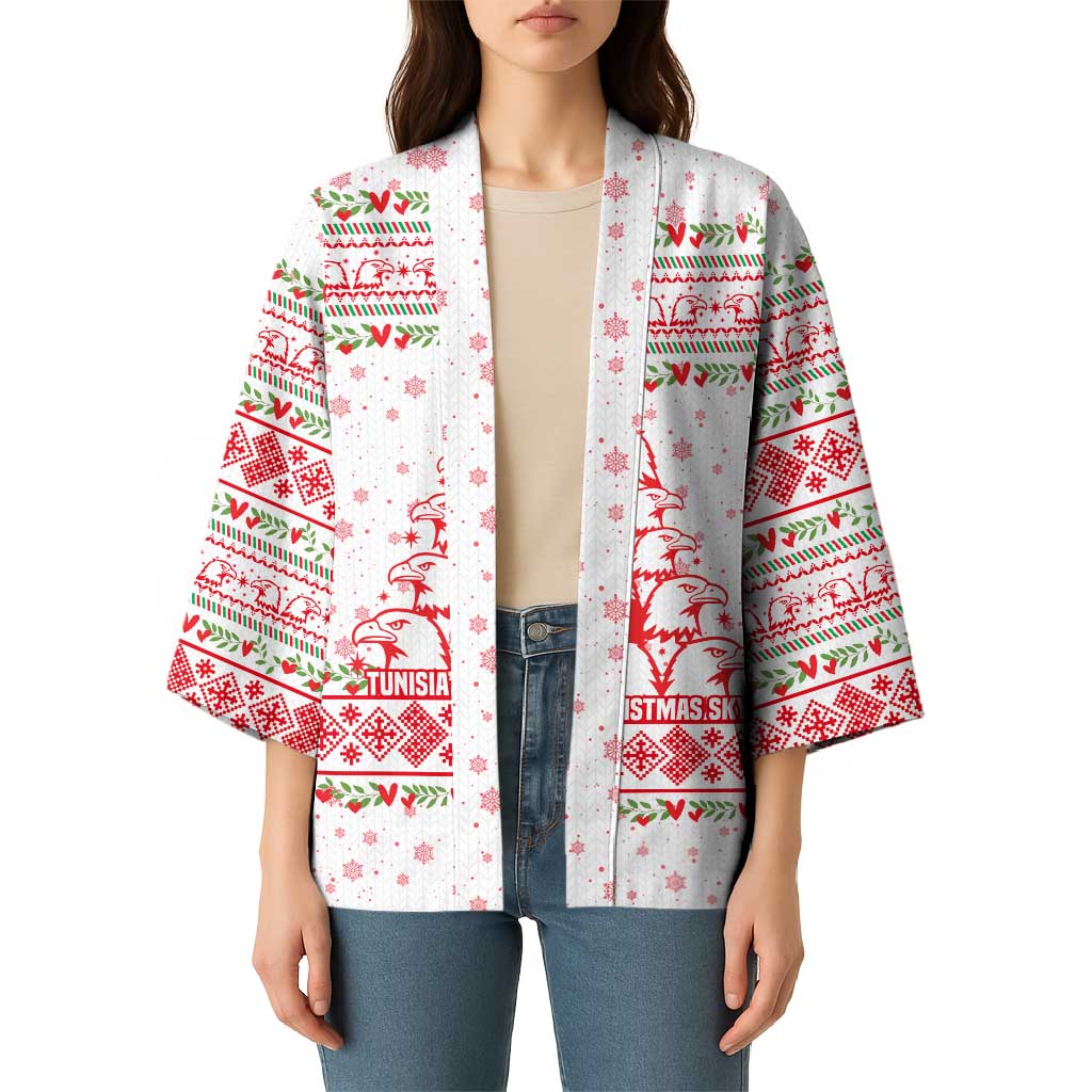 Tunisia Christmas Kimono with Red Falcon Tree White Snowflake Pattern and Festive Borders - Wonder Print Shop