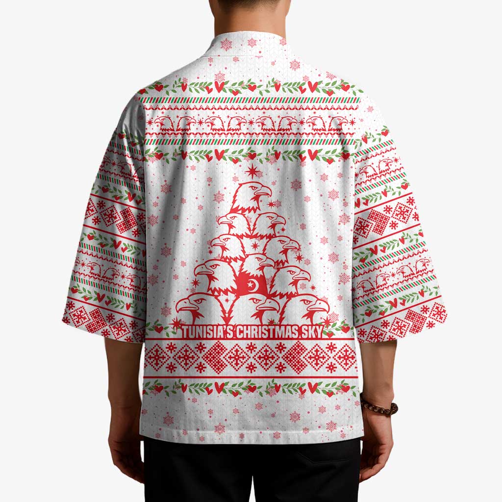 Tunisia Christmas Kimono with Red Falcon Tree White Snowflake Pattern and Festive Borders - Wonder Print Shop