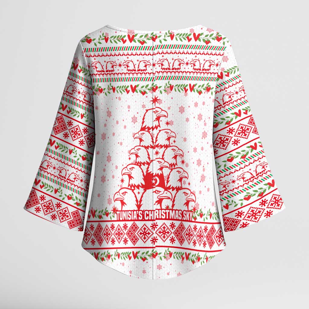 Tunisia Christmas Kimono Sleeve Blouse with Red Falcon Tree White Snowflake Pattern and Festive Borders - Wonder Print Shop