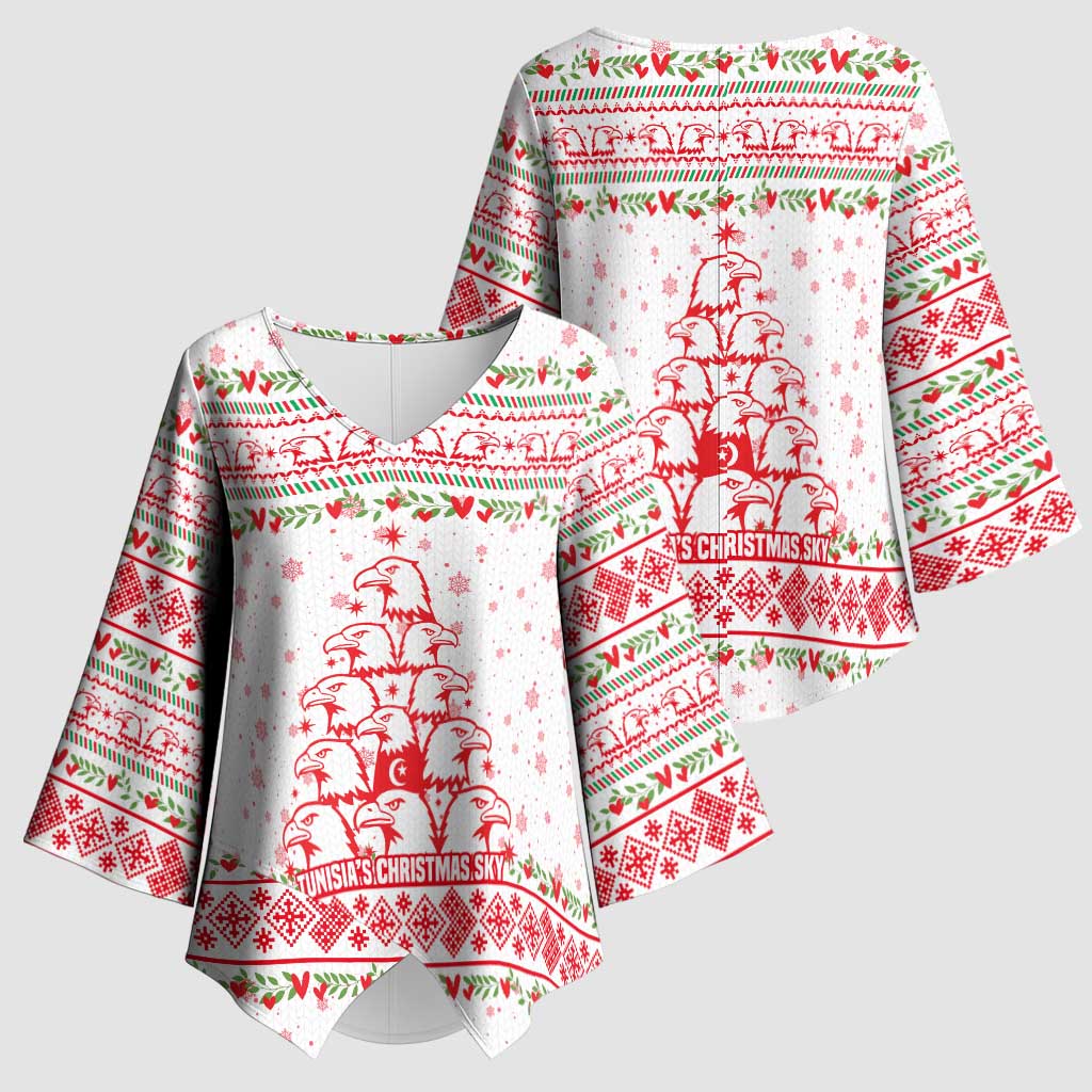 Tunisia Christmas Kimono Sleeve Blouse with Red Falcon Tree White Snowflake Pattern and Festive Borders - Wonder Print Shop