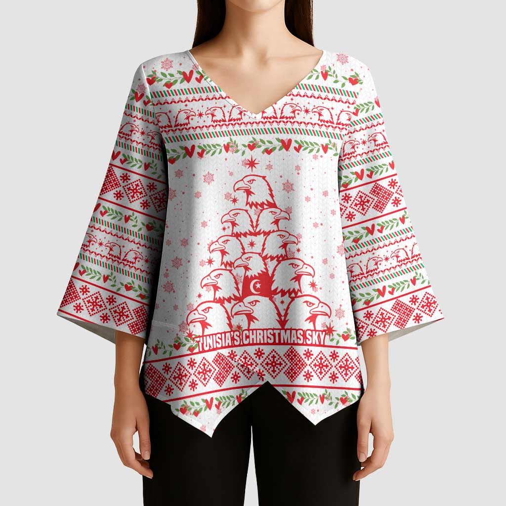 Tunisia Christmas Kimono Sleeve Blouse with Red Falcon Tree White Snowflake Pattern and Festive Borders - Wonder Print Shop