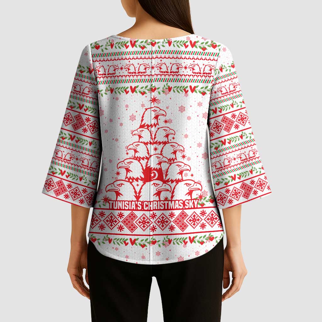 Tunisia Christmas Kimono Sleeve Blouse with Red Falcon Tree White Snowflake Pattern and Festive Borders - Wonder Print Shop