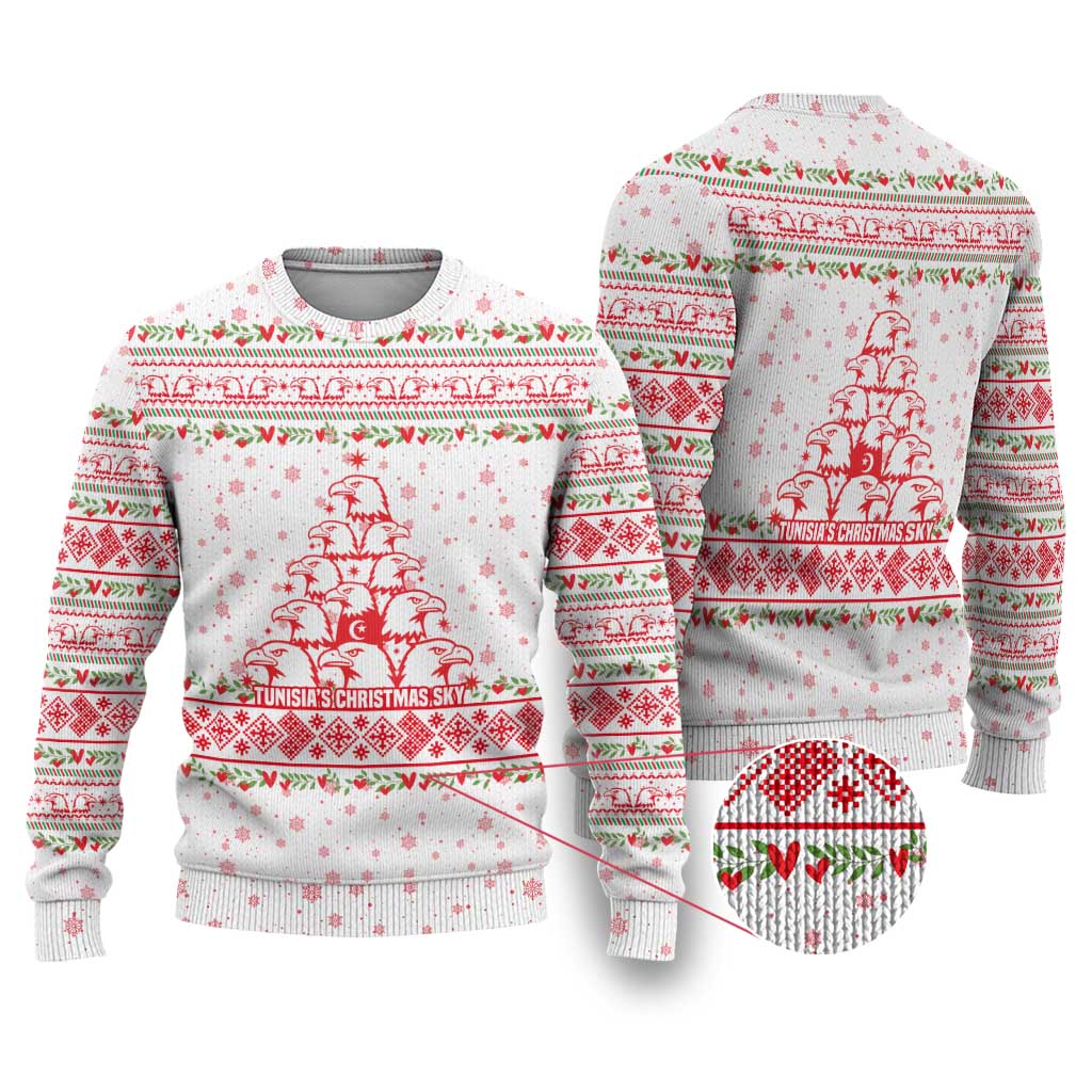 Tunisia Christmas Ugly Christmas Sweater with Red Falcon Tree White Snowflake Pattern and Festive Borders - Wonder Print Shop