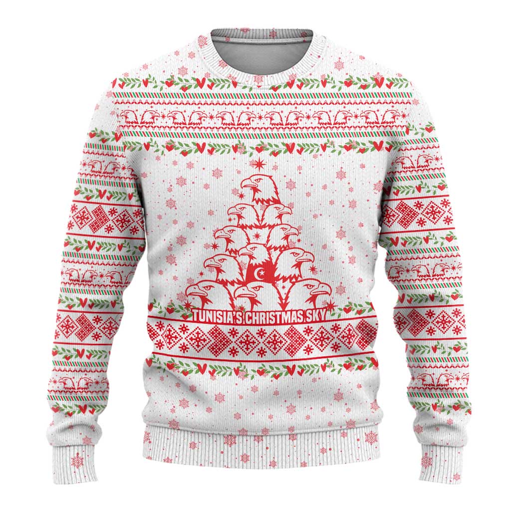 Tunisia Christmas Ugly Christmas Sweater with Red Falcon Tree White Snowflake Pattern and Festive Borders - Wonder Print Shop