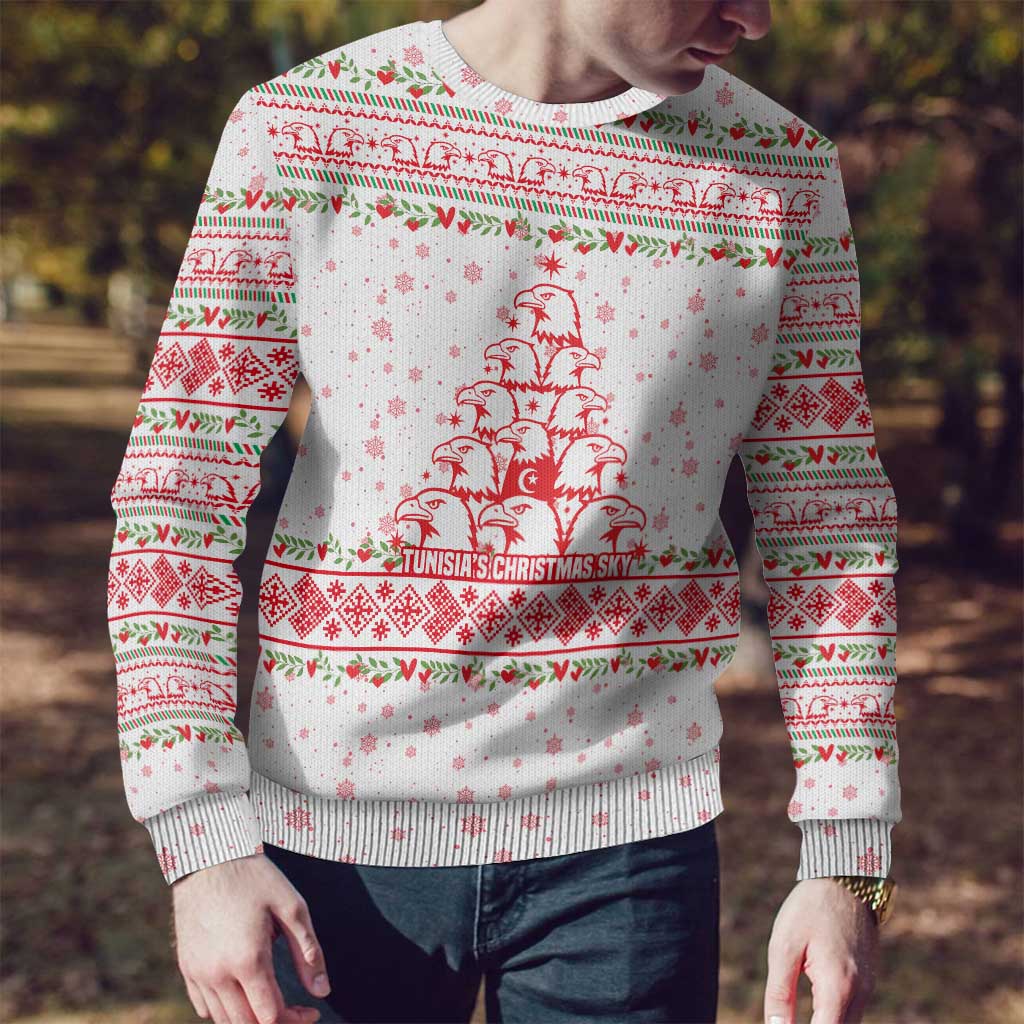 Tunisia Christmas Ugly Christmas Sweater with Red Falcon Tree White Snowflake Pattern and Festive Borders - Wonder Print Shop