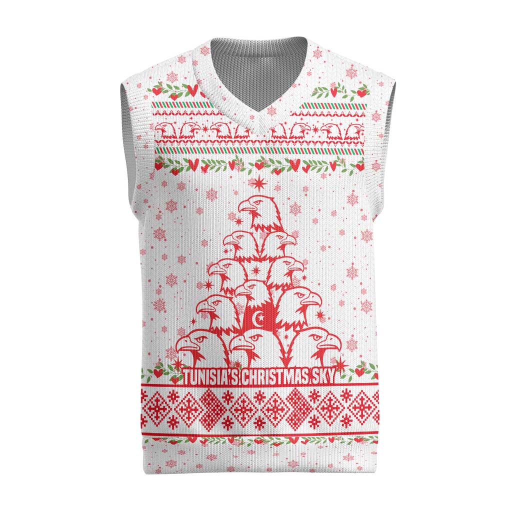 Tunisia Christmas Knitted V-Neck Vest with Red Falcon Tree White Snowflake Pattern and Festive Borders - Wonder Print Shop