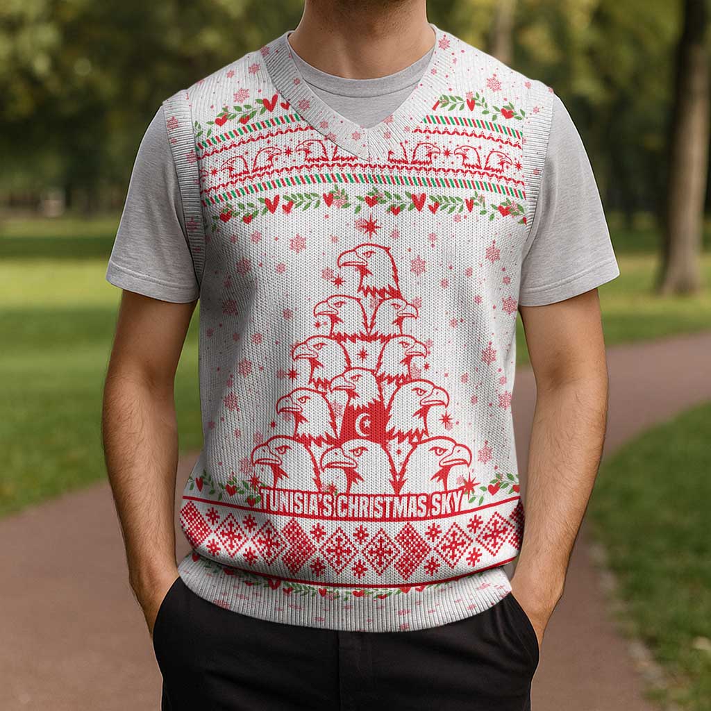 Tunisia Christmas Knitted V-Neck Vest with Red Falcon Tree White Snowflake Pattern and Festive Borders - Wonder Print Shop