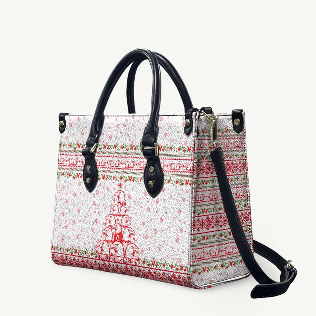 Tunisia Christmas Leather Bag with Red Falcon Tree White Snowflake Pattern and Festive Borders - Wonder Print Shop