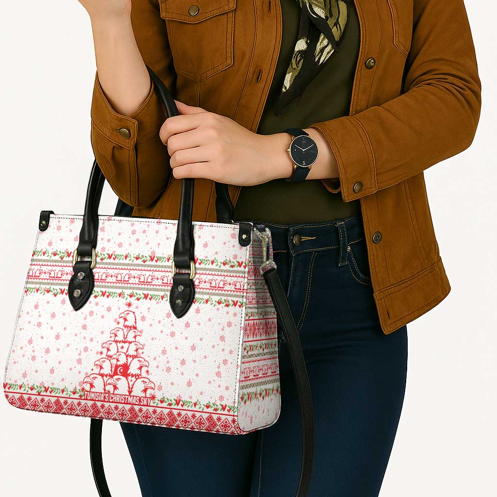 Tunisia Christmas Leather Bag with Red Falcon Tree White Snowflake Pattern and Festive Borders - Wonder Print Shop