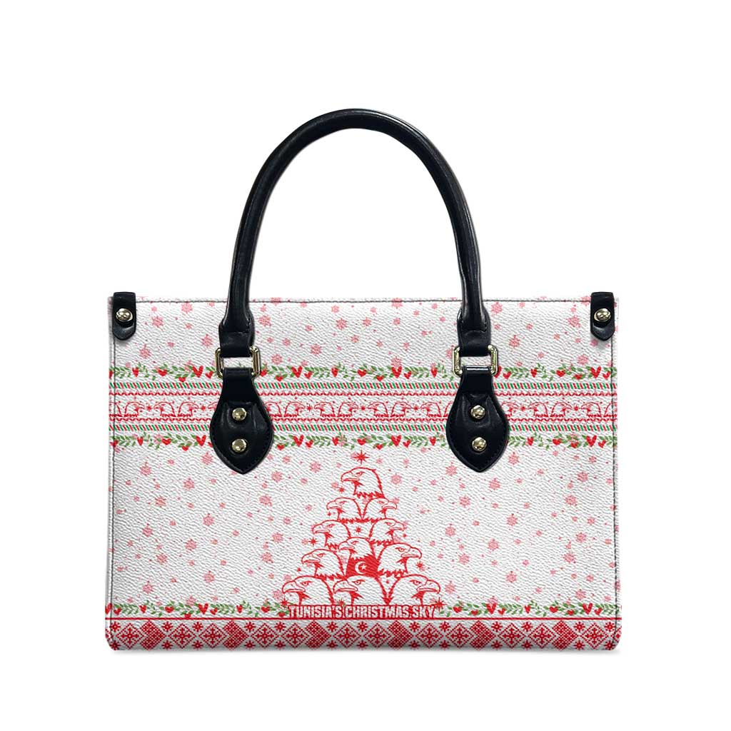 Tunisia Christmas Leather Bag with Red Falcon Tree White Snowflake Pattern and Festive Borders - Wonder Print Shop