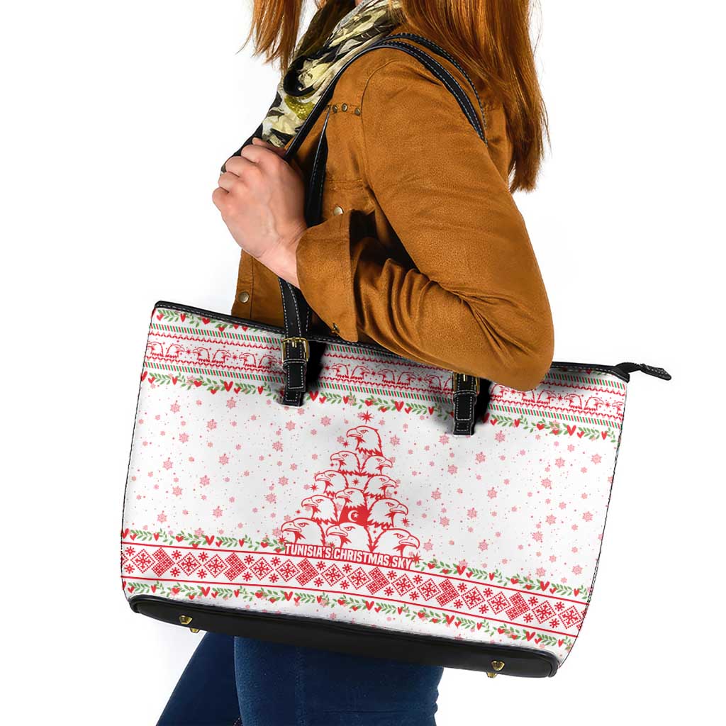 Tunisia Christmas Leather Tote Bag with Red Falcon Tree White Snowflake Pattern and Festive Borders - Wonder Print Shop