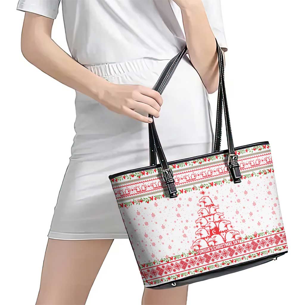 Tunisia Christmas Leather Tote Bag with Red Falcon Tree White Snowflake Pattern and Festive Borders - Wonder Print Shop