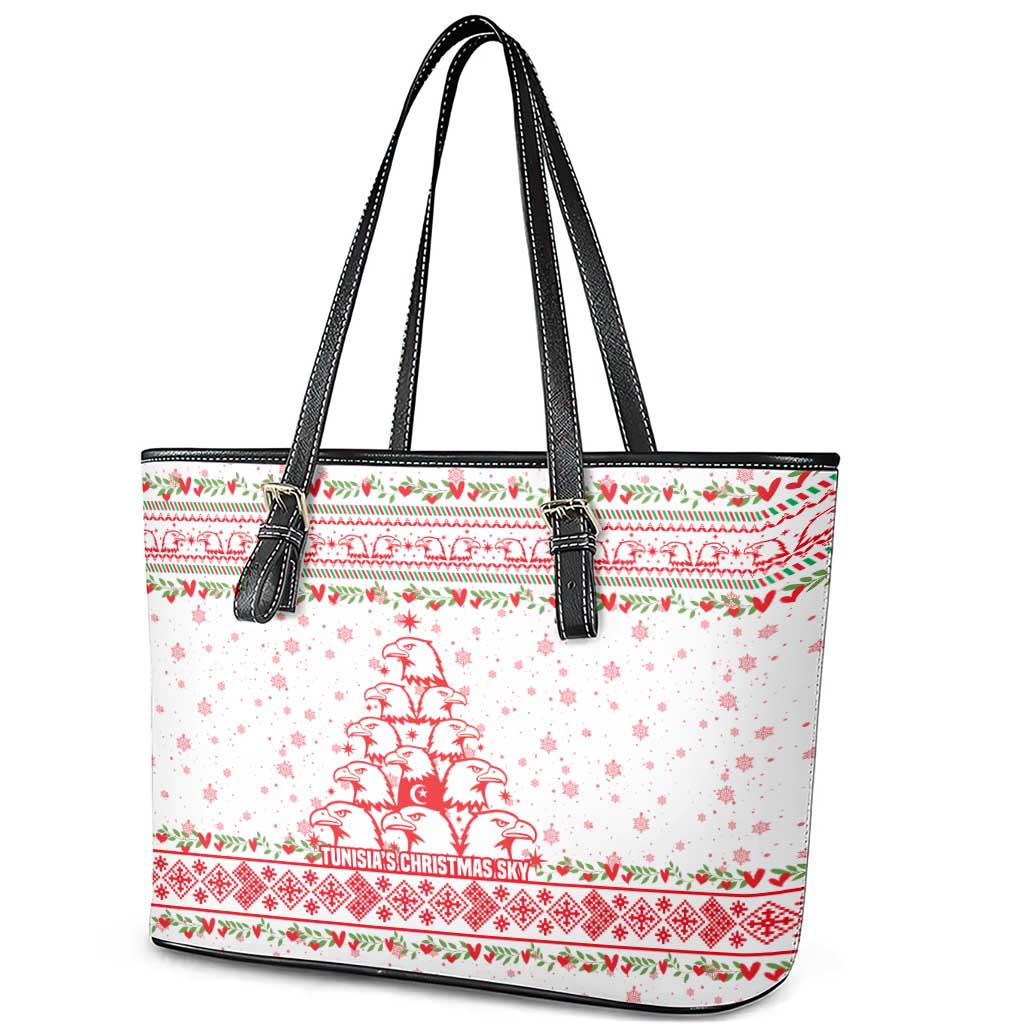 Tunisia Christmas Leather Tote Bag with Red Falcon Tree White Snowflake Pattern and Festive Borders - Wonder Print Shop