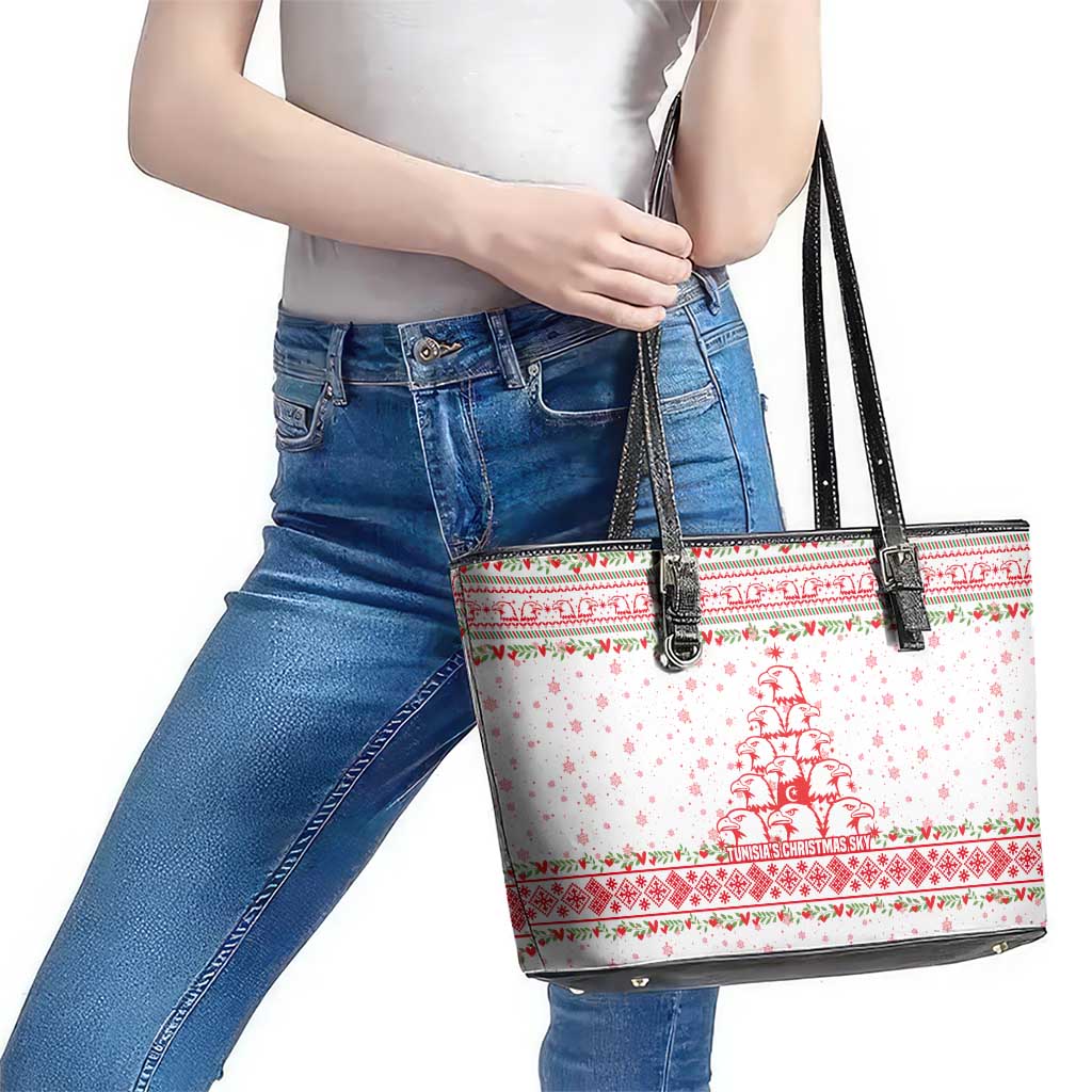 Tunisia Christmas Leather Tote Bag with Red Falcon Tree White Snowflake Pattern and Festive Borders - Wonder Print Shop